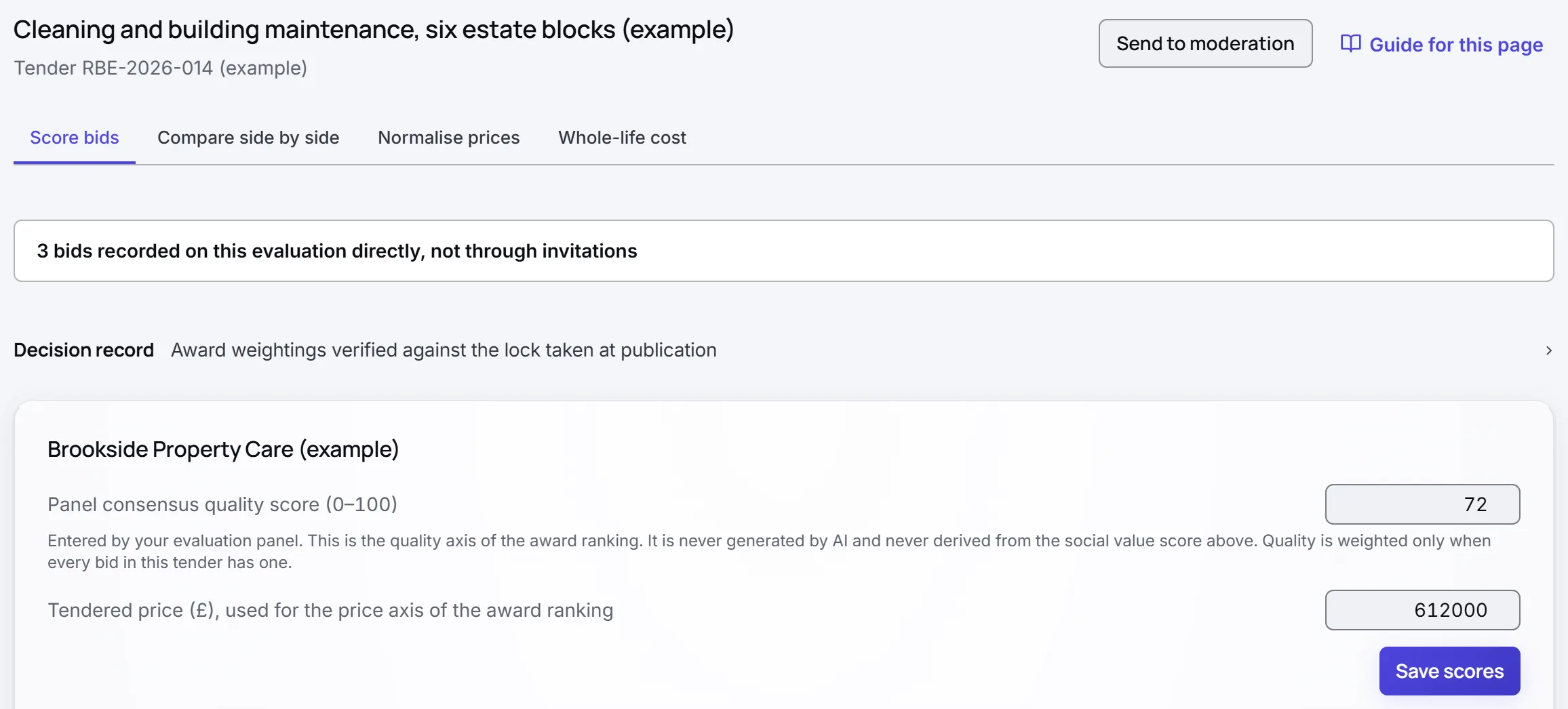 An evaluation in Velstrian Buy for the demo buyer: three supplier bids recorded, the award weightings checked against the lock taken when the pack was published, and the panel score for the first bid.